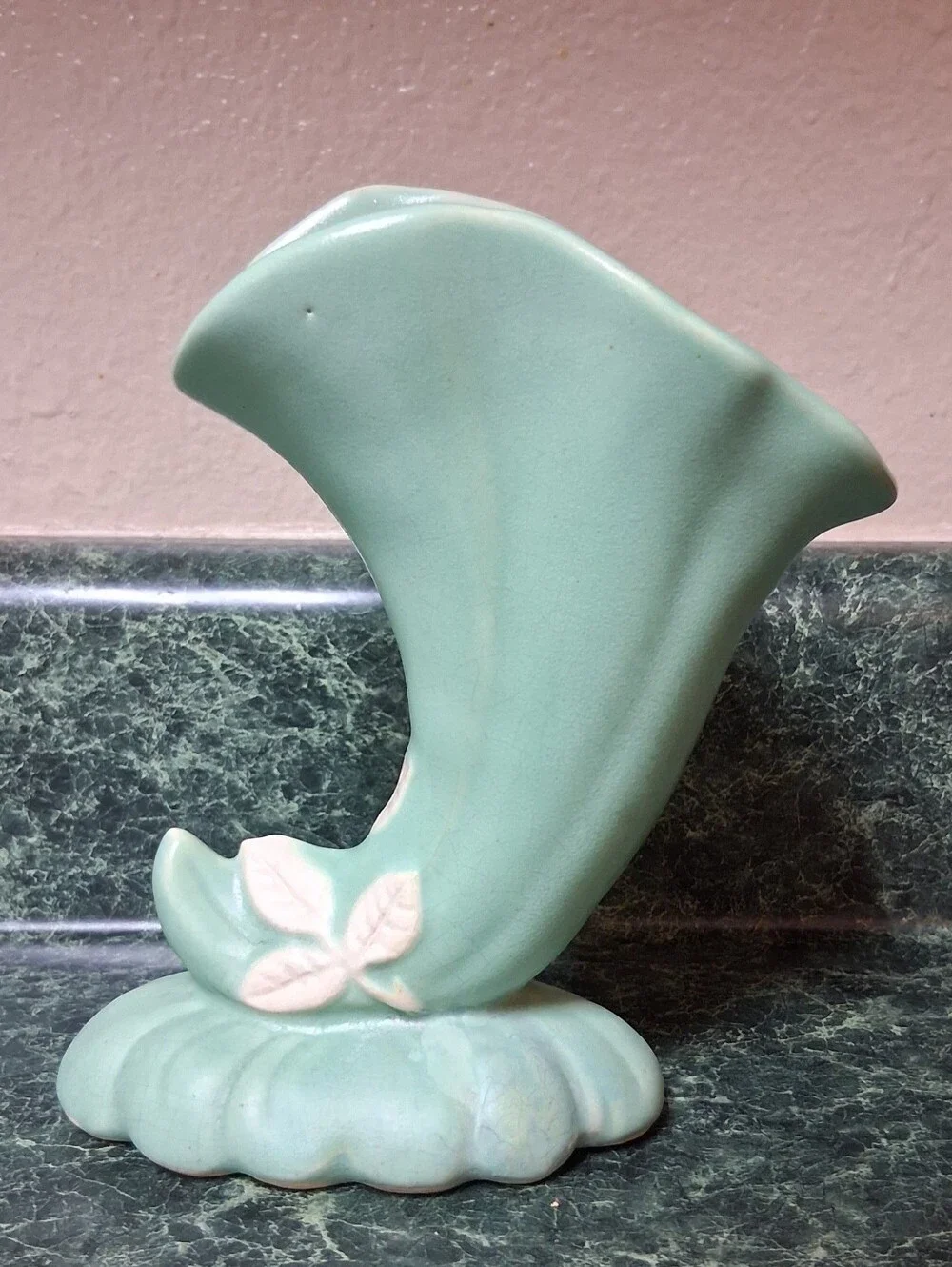 1930s Weller Cameo Rose Cornucopia Vase Blue with White Roses 6.5”